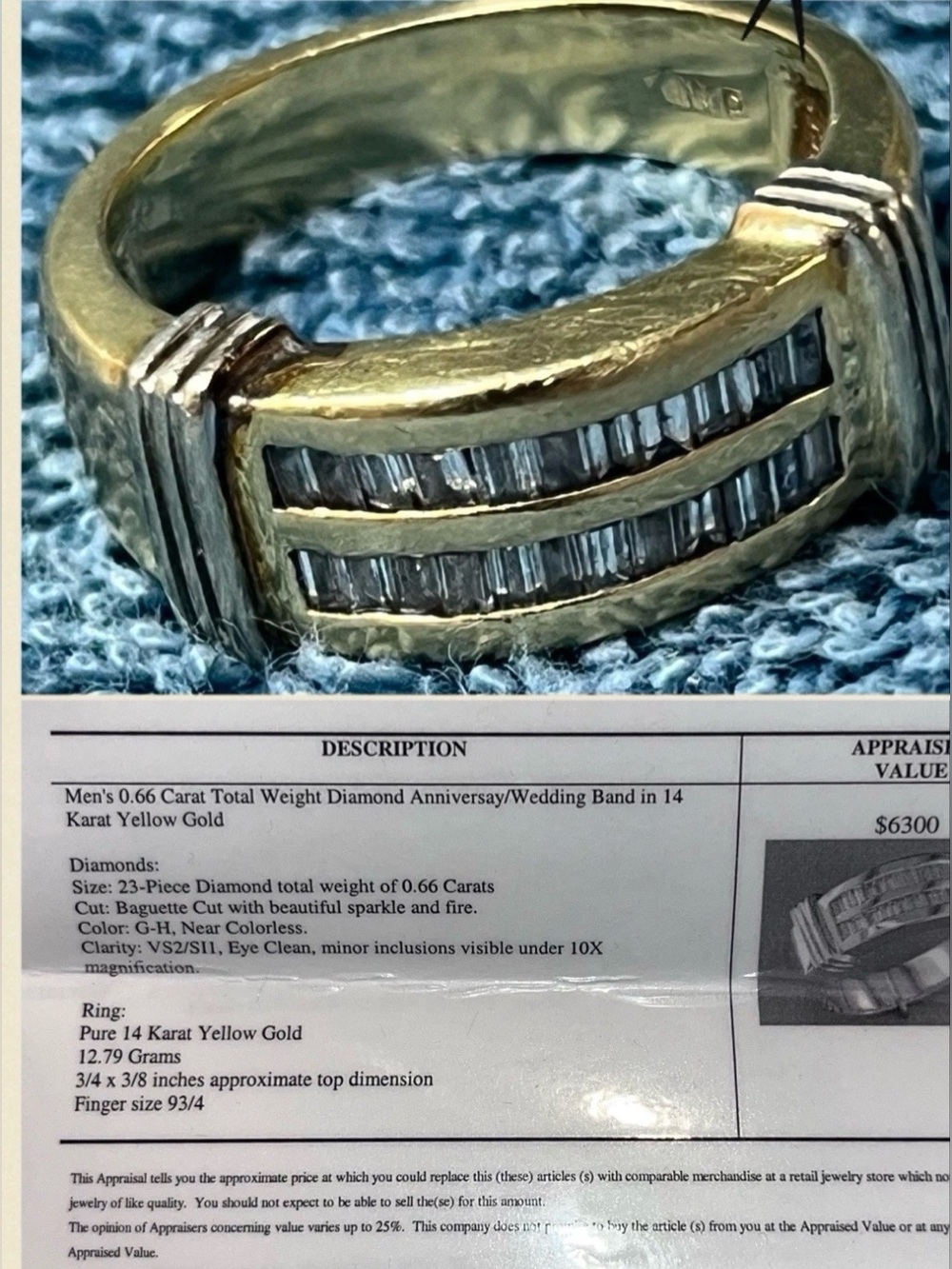 Men's 0.66 CTW Baguette Diamond Band 14K Yellow Gold Ring – Size 9.75 (12.79g)